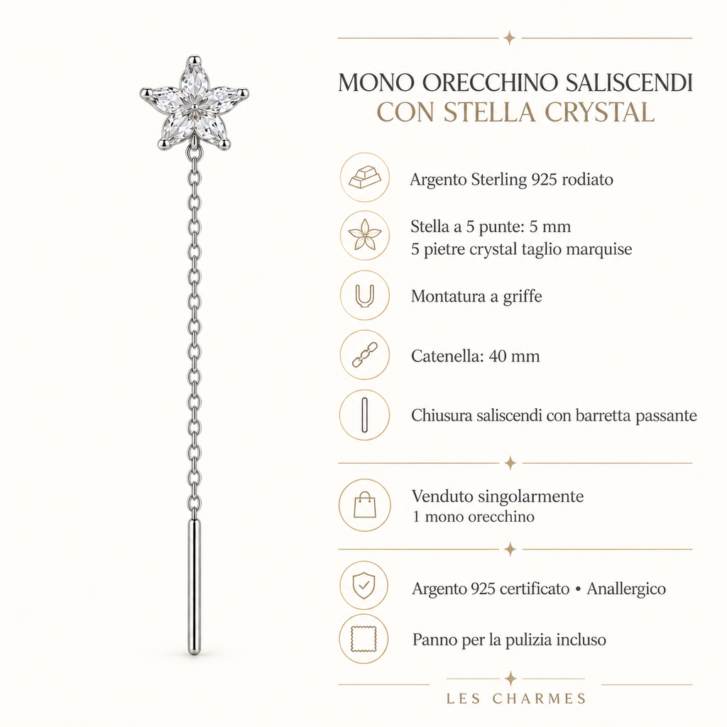 Orecchino Saliscendi mono con Puntoluce a Stella in Argento 925 Rodiato