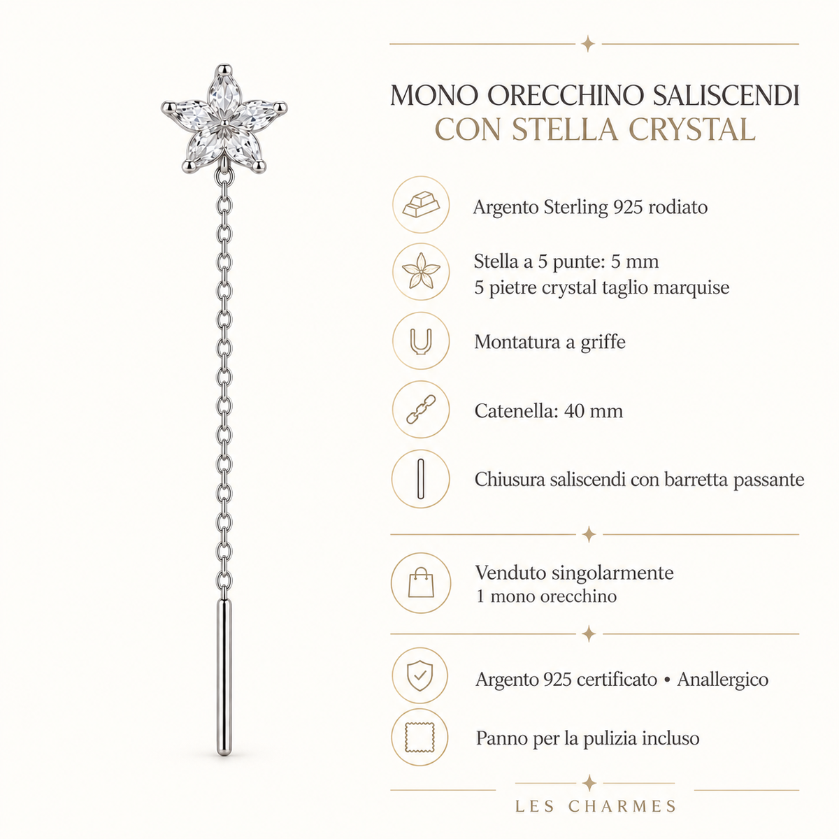 Orecchino Saliscendi mono con Puntoluce a Stella in Argento 925 Rodiato