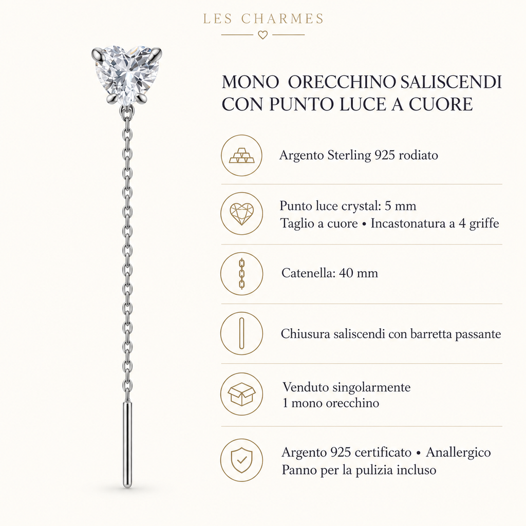 Orecchino Saliscendi mono con Puntoluce a Cuore in Argento 925 Rodiato