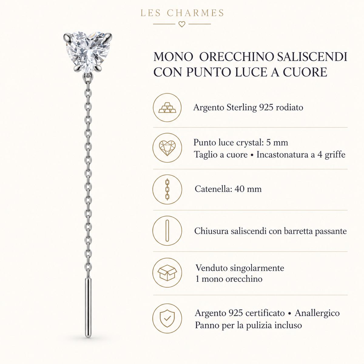Orecchino Saliscendi mono con Puntoluce a Cuore in Argento 925 Rodiato