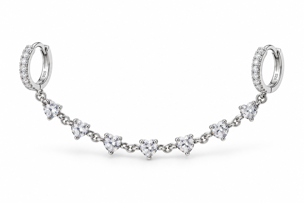 Mono Orecchino per Doppio Foro con Due Cerchietti e Catenella con pietre Crystal in Argento 925