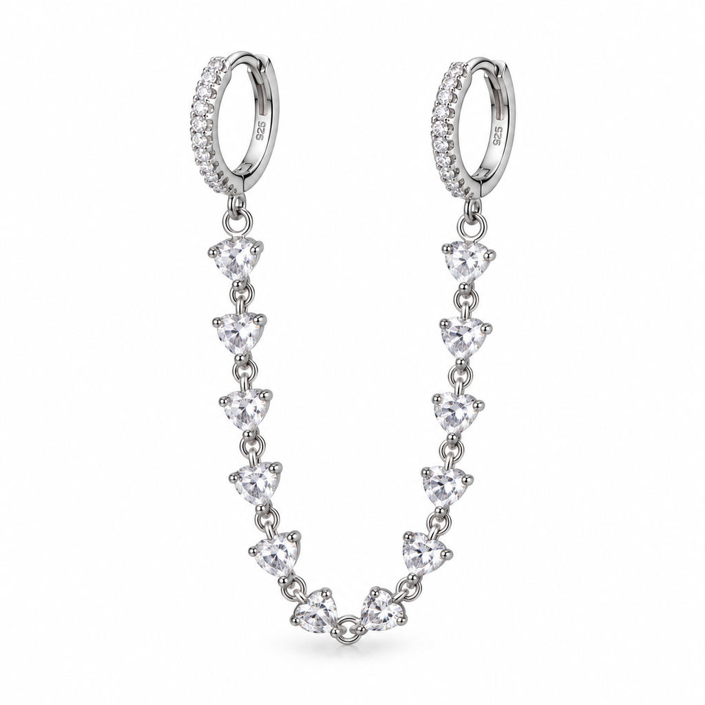 Mono Orecchino per Doppio Foro con Due Cerchietti e Catenella con pietre Crystal in Argento 925