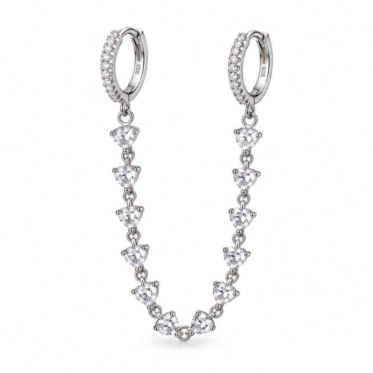 Mono Orecchino per Doppio Foro con Due Cerchietti e Catenella con pietre Crystal in Argento 925