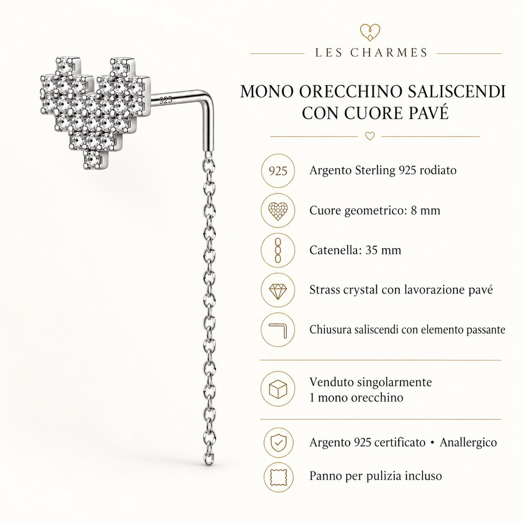 Orecchino Saliscendi mono a Cuore in Argento 925 Rodiato