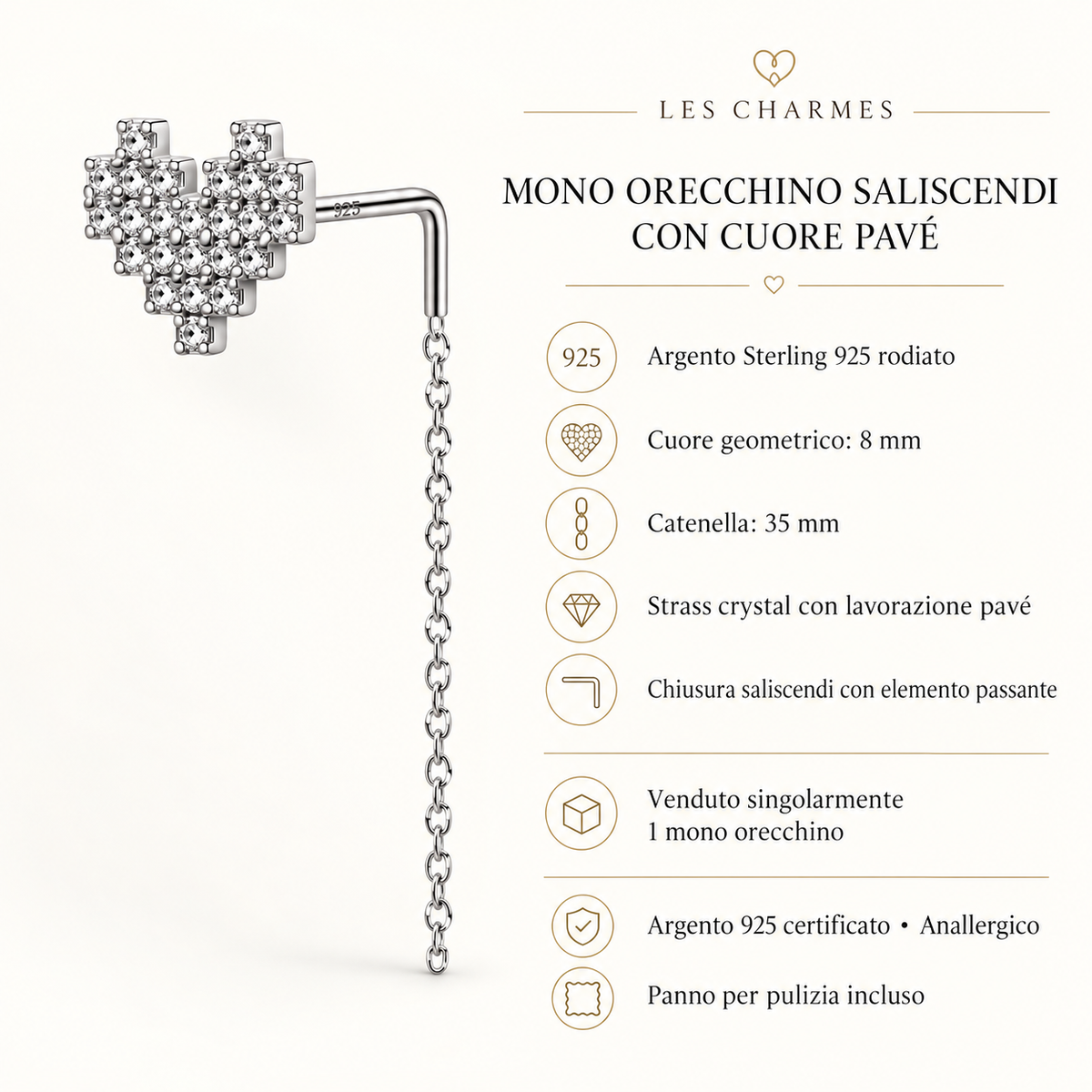 Orecchino Saliscendi mono a Cuore in Argento 925 Rodiato