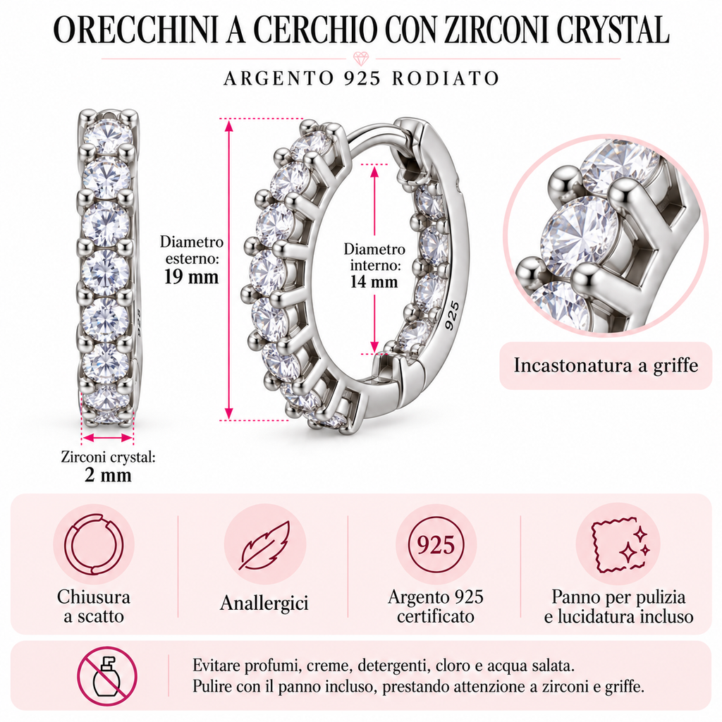 Orecchini a Cerchio con strass 3mm in Argento 925