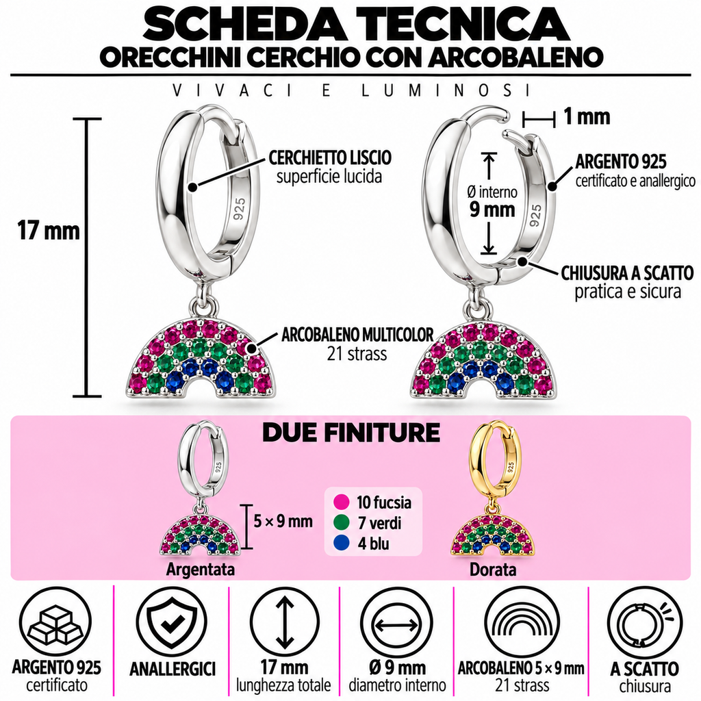 Orecchini a Cerchio con Ciondolo Arcobaleno in Argento 925