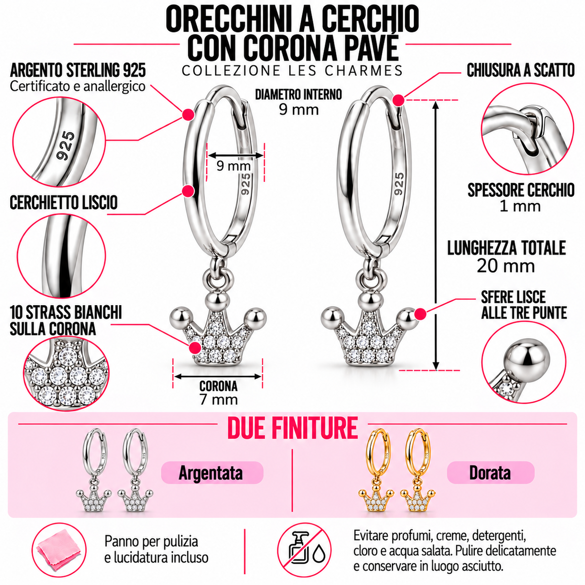 Orecchini a Cerchio con Corona in strass in Argento 925