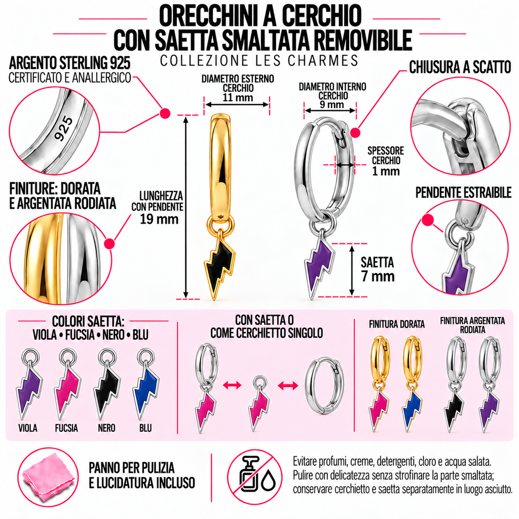 Orecchini a Cerchio con Saetta Smaltata estraibile in Argento 925
