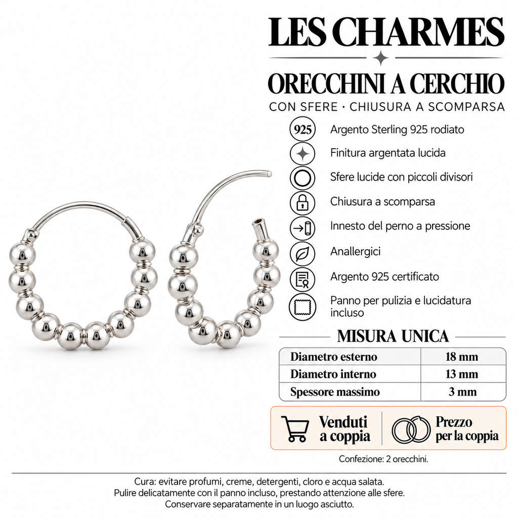 Orecchini a Cerchio con Sfere con Chiusura a scomparsa in Argento 925