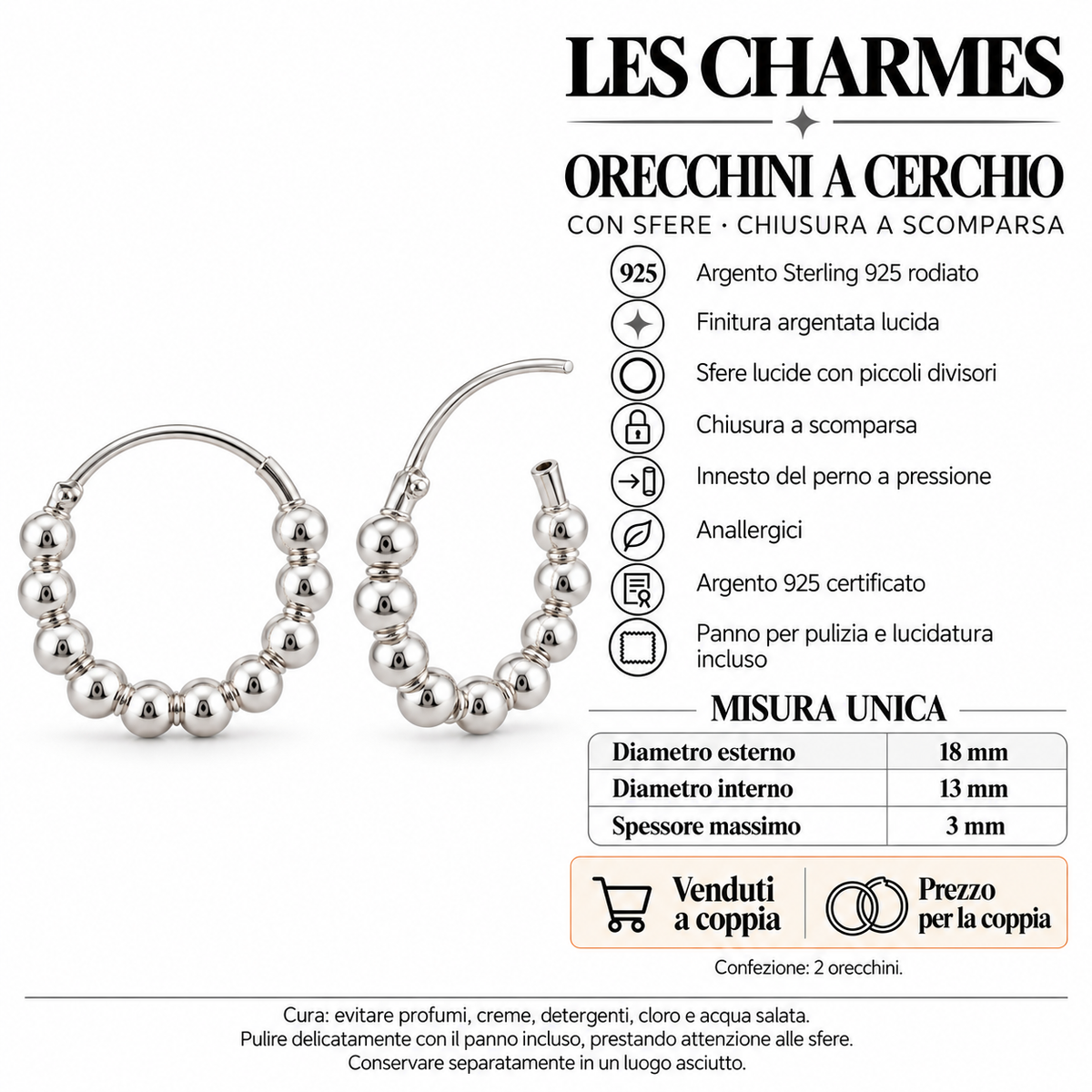 Orecchini a Cerchio con Sfere con Chiusura a scomparsa in Argento 925