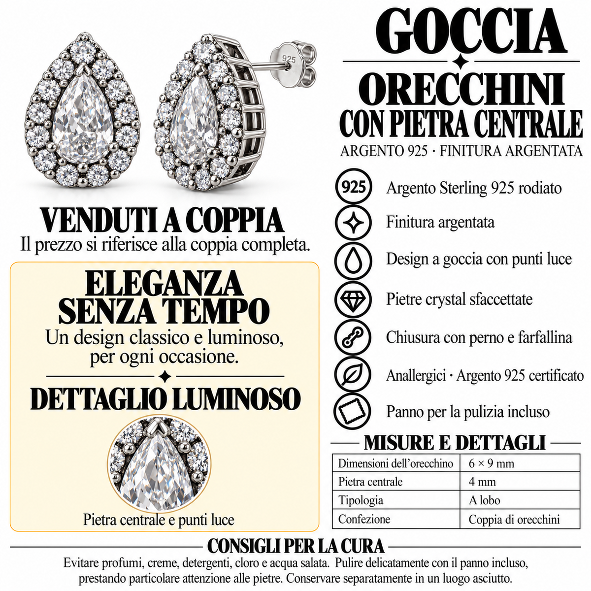 Orecchini a Lobo Goccia in Argento 925 Rodiato