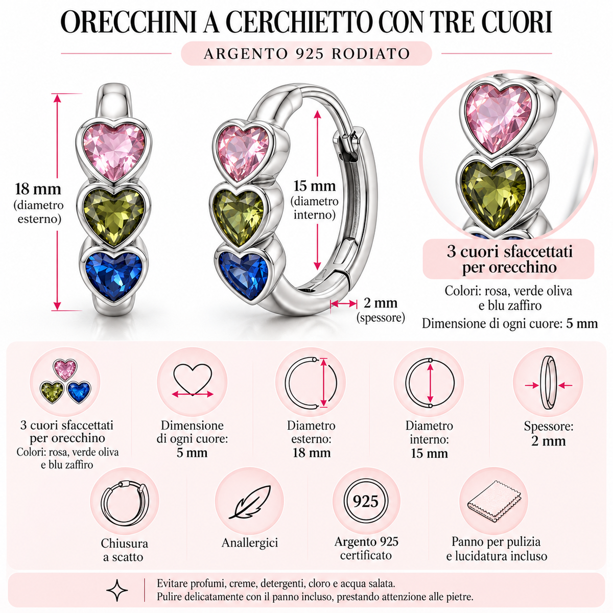 Orecchini a Cerchio con Tre Cuori in Argento 925