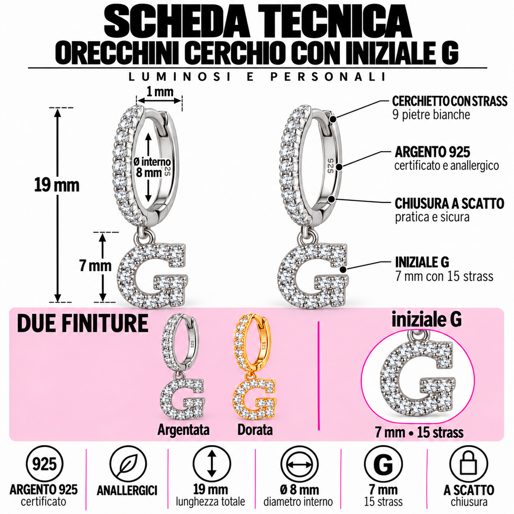 Orecchini a Cerchio con Iniziale con strass in Argento 925