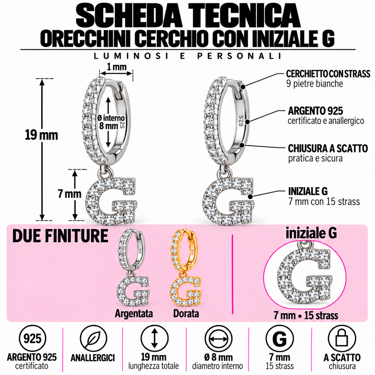 Orecchini a Cerchio con Iniziale con strass in Argento 925