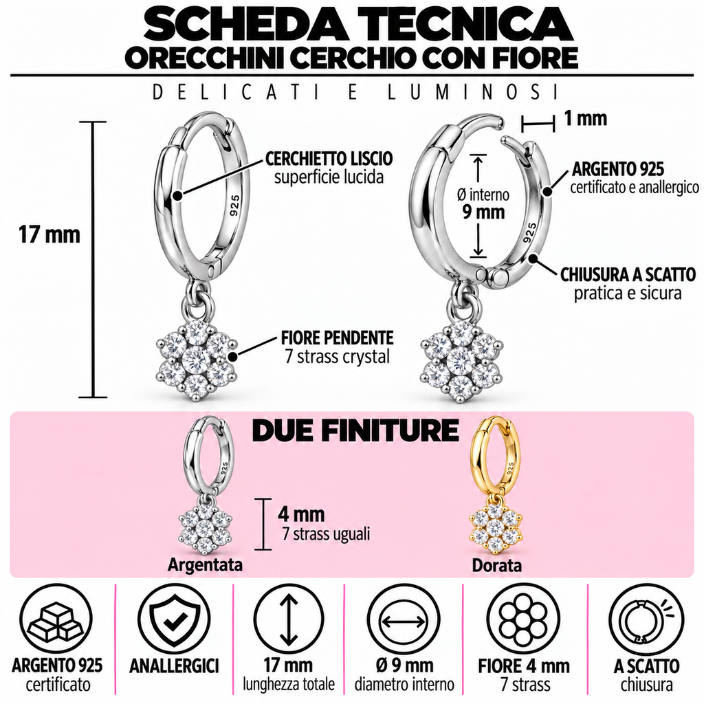 Orecchini a Cerchio con Ciondolo Fiore strass in Argento 925