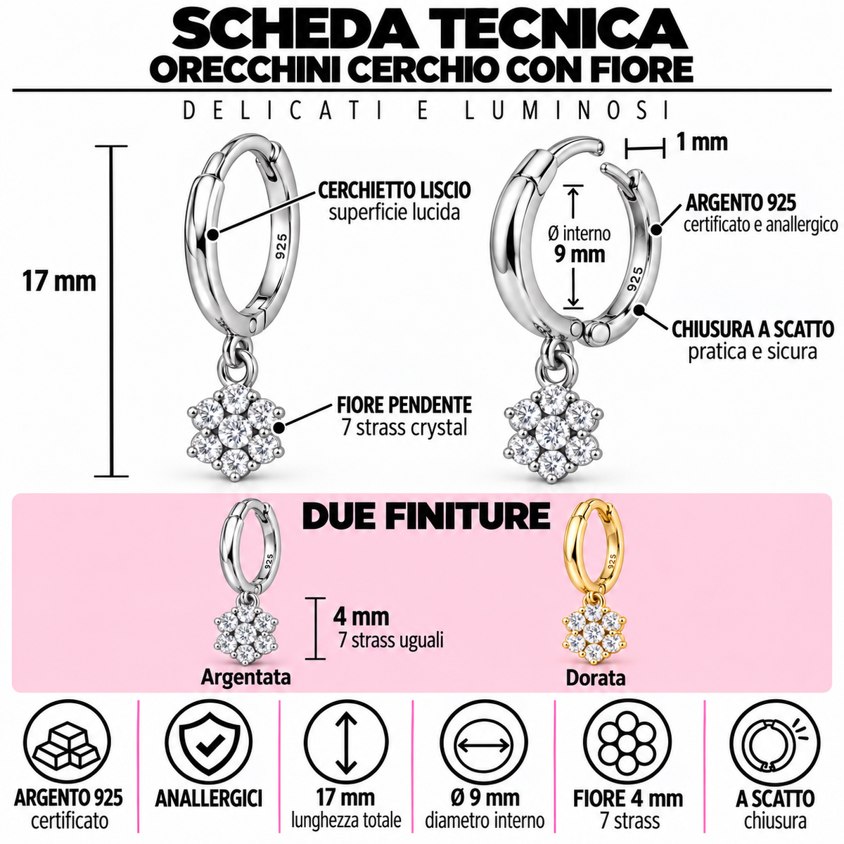 Orecchini a Cerchio con Ciondolo Fiore strass in Argento 925