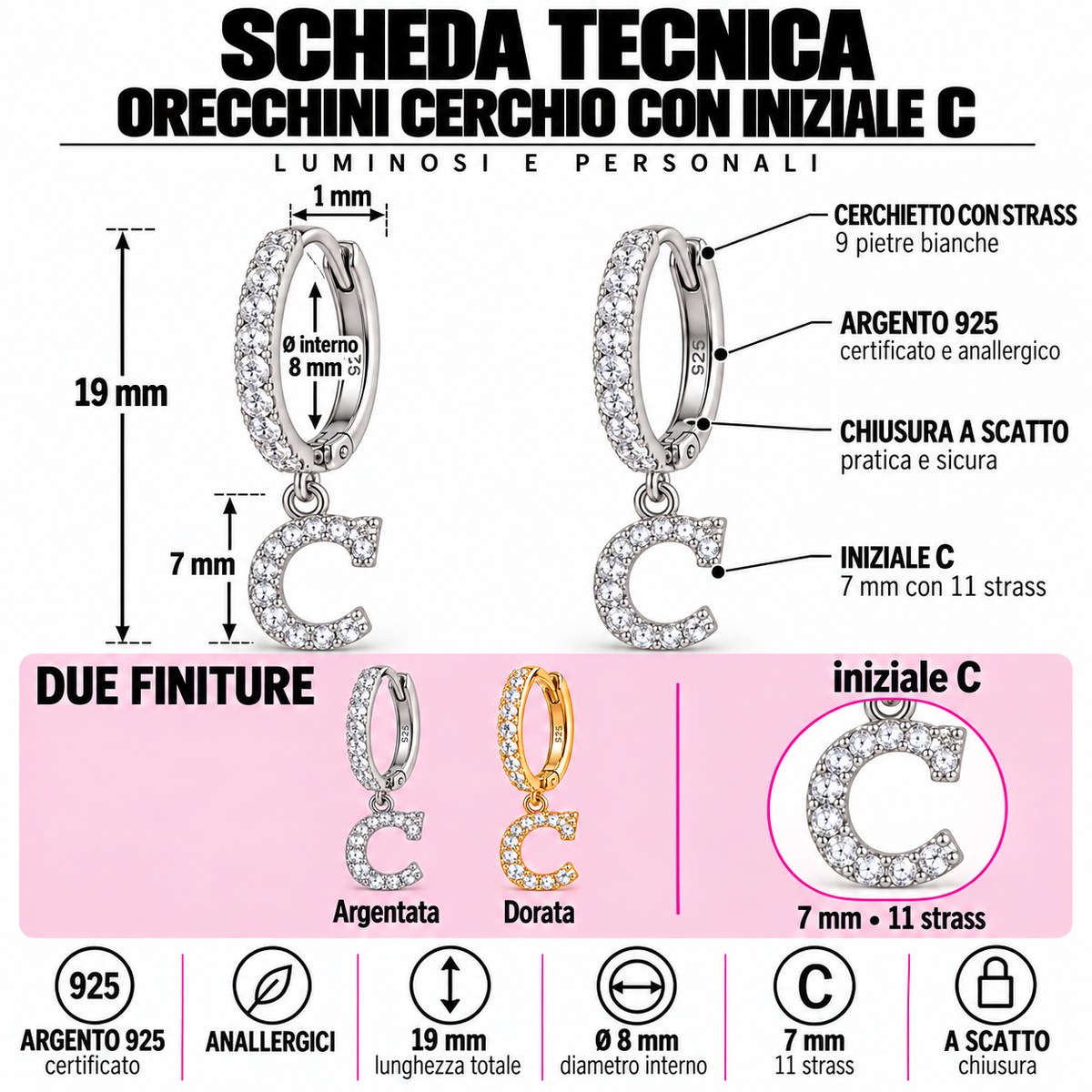Orecchini a Cerchio con Iniziale con strass in Argento 925