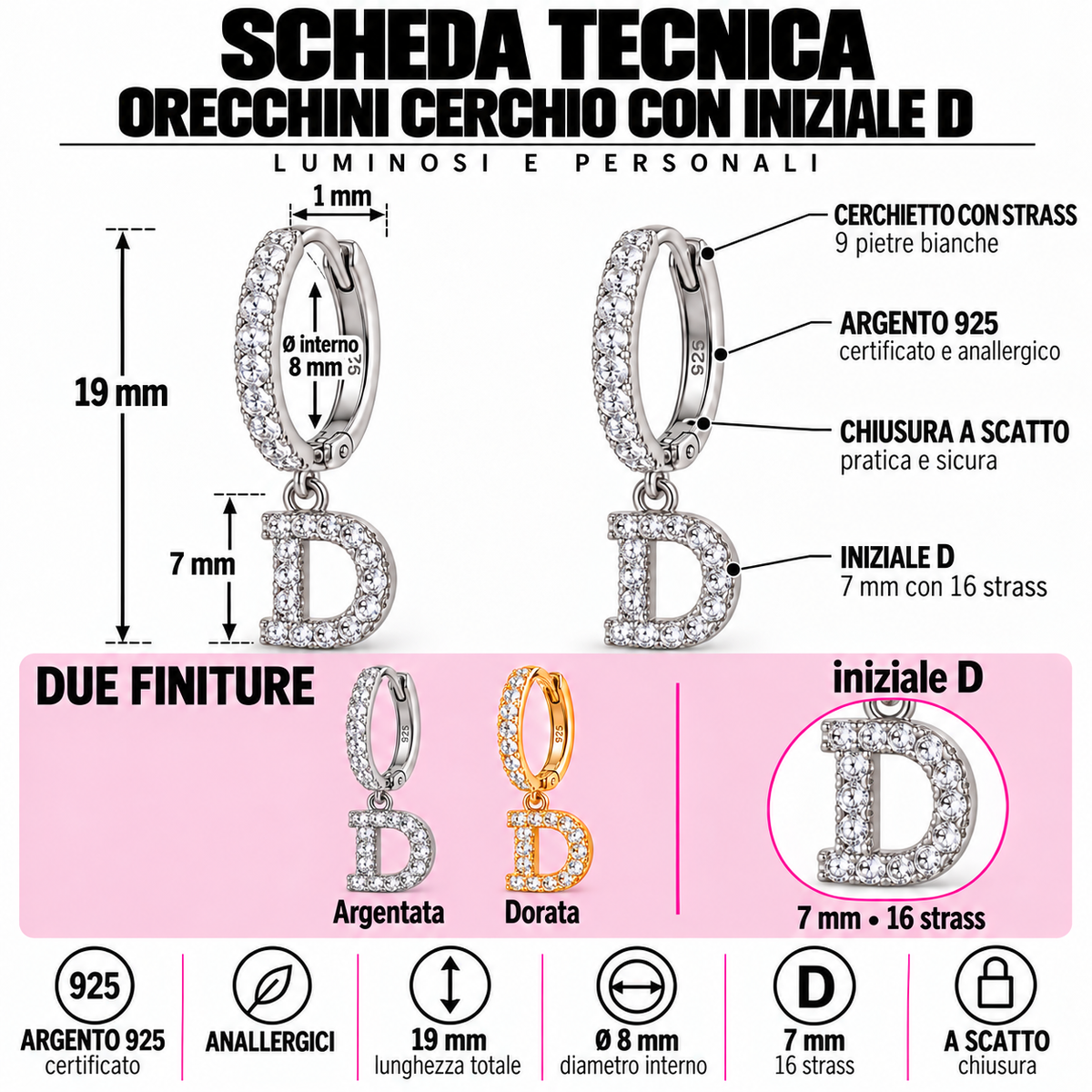 Orecchini a Cerchio con Iniziale con strass in Argento 925