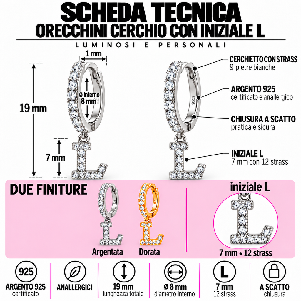 Orecchini a Cerchio con Iniziale con strass in Argento 925