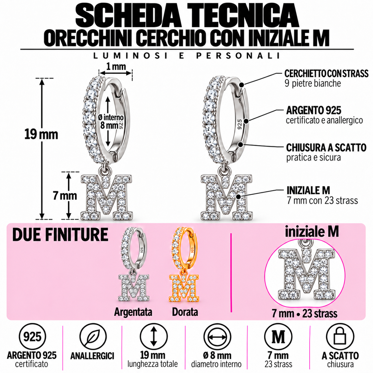 Orecchini a Cerchio con Iniziale con strass in Argento 925