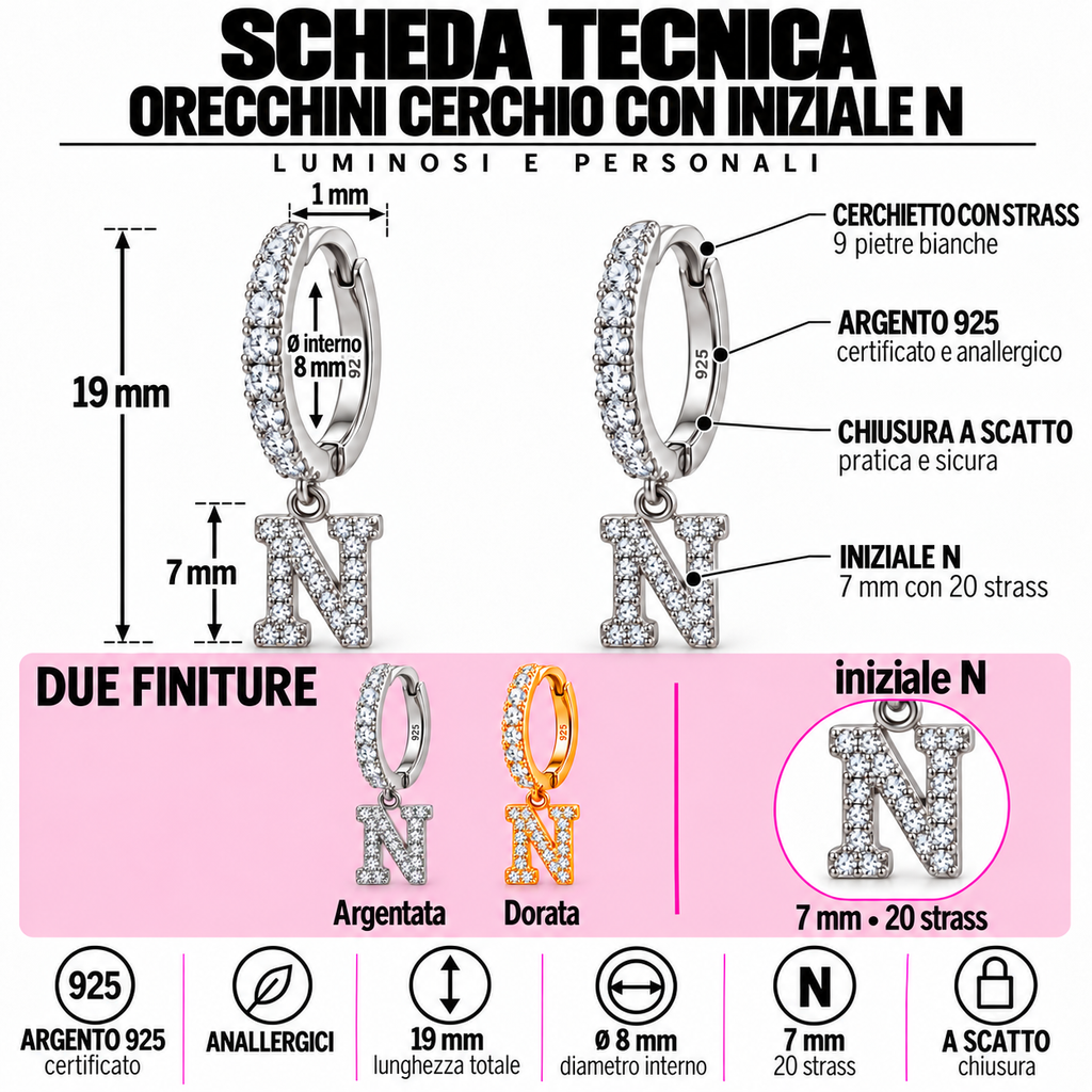 Orecchini a Cerchio con Iniziale con strass in Argento 925