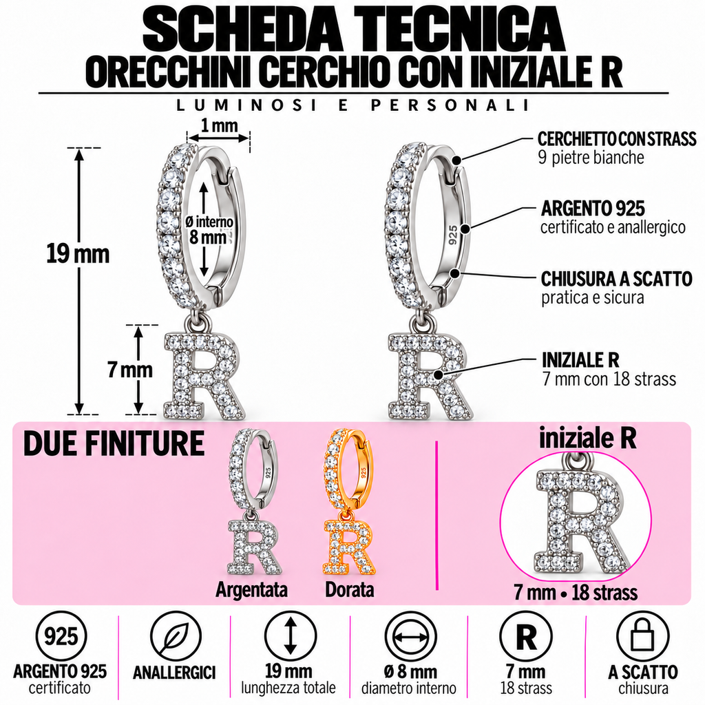 Orecchini a Cerchio con Iniziale con strass in Argento 925