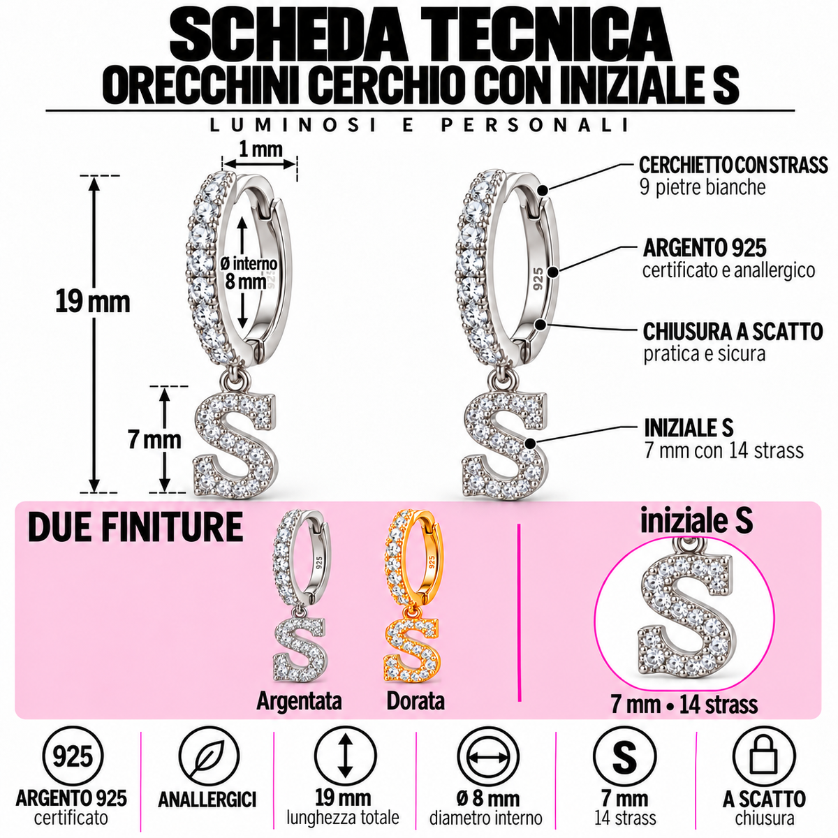 Orecchini a Cerchio con Iniziale con strass in Argento 925