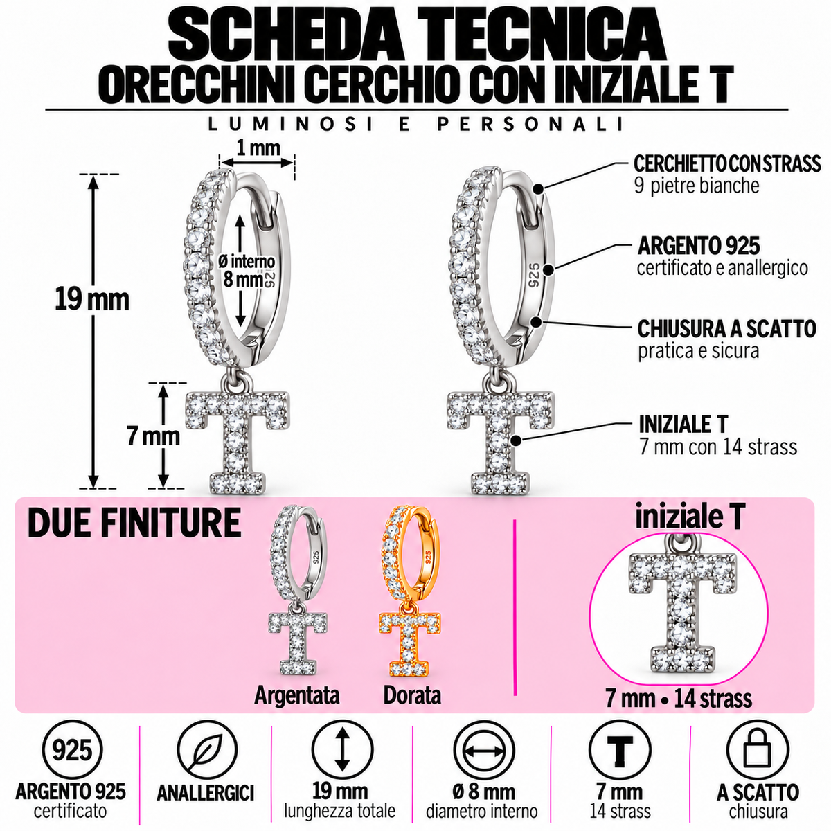 Orecchini a Cerchio con Iniziale con strass in Argento 925