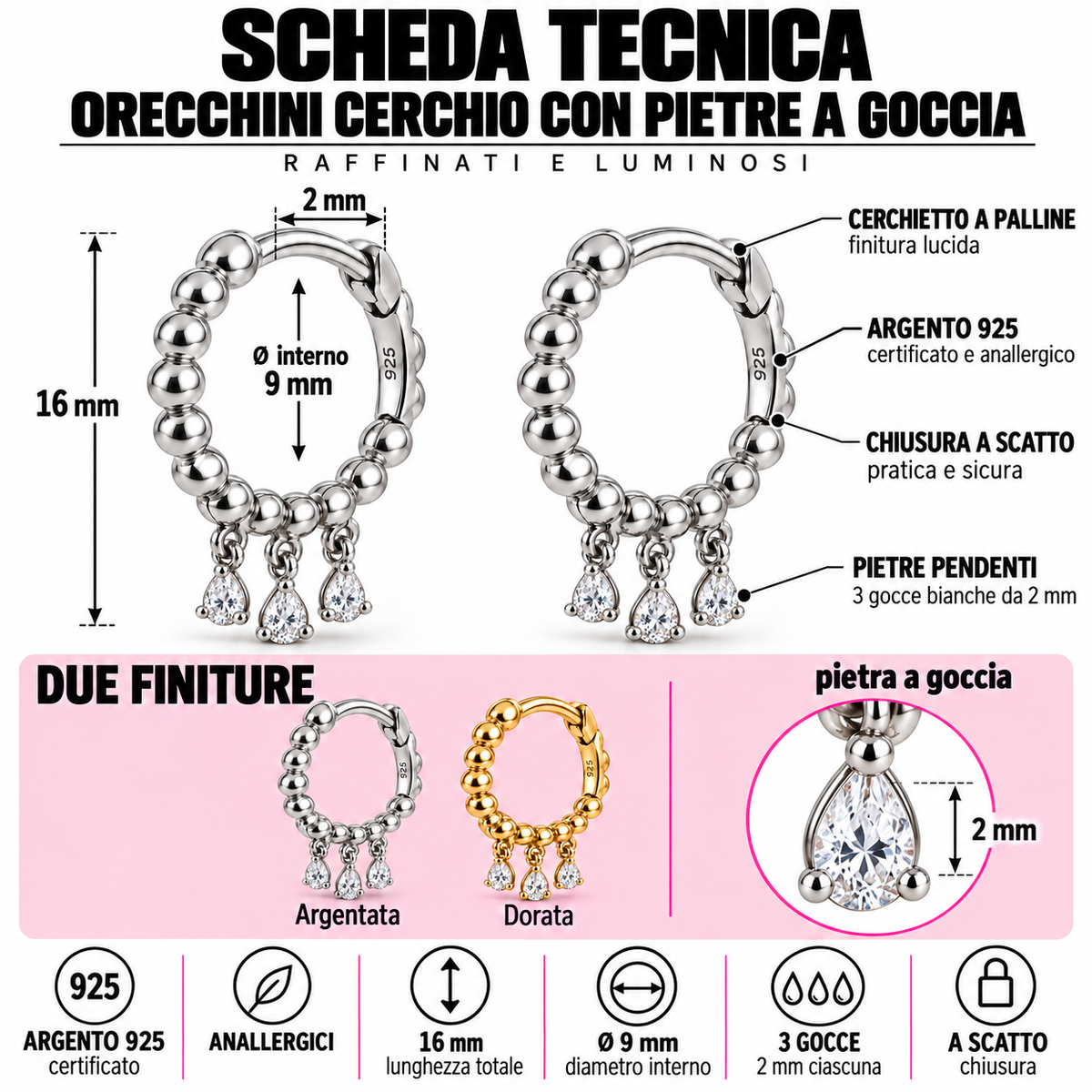 Orecchini a Cerchio con Tre Pietre a Goccia in Argento 925