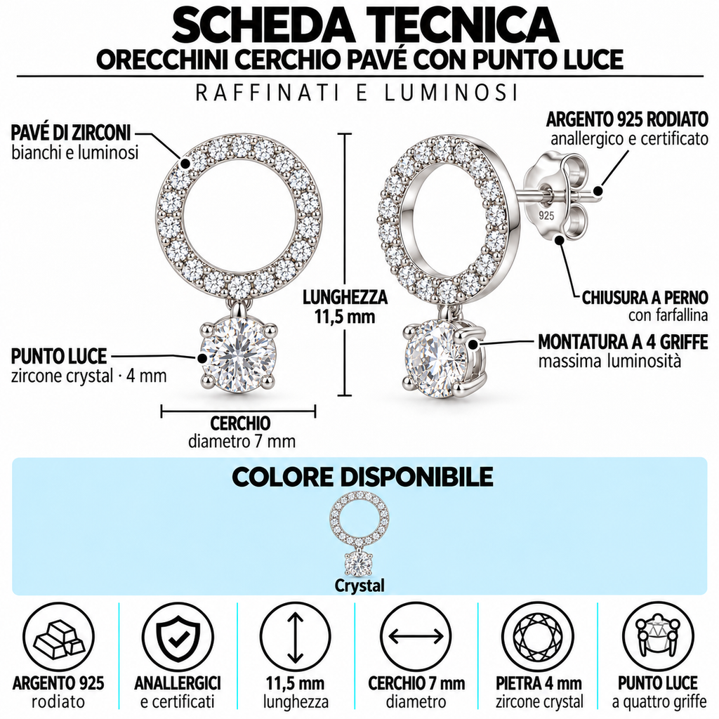 Orecchini Cerchio Pavé in Argento 925 Rodiato con Punto Luce
