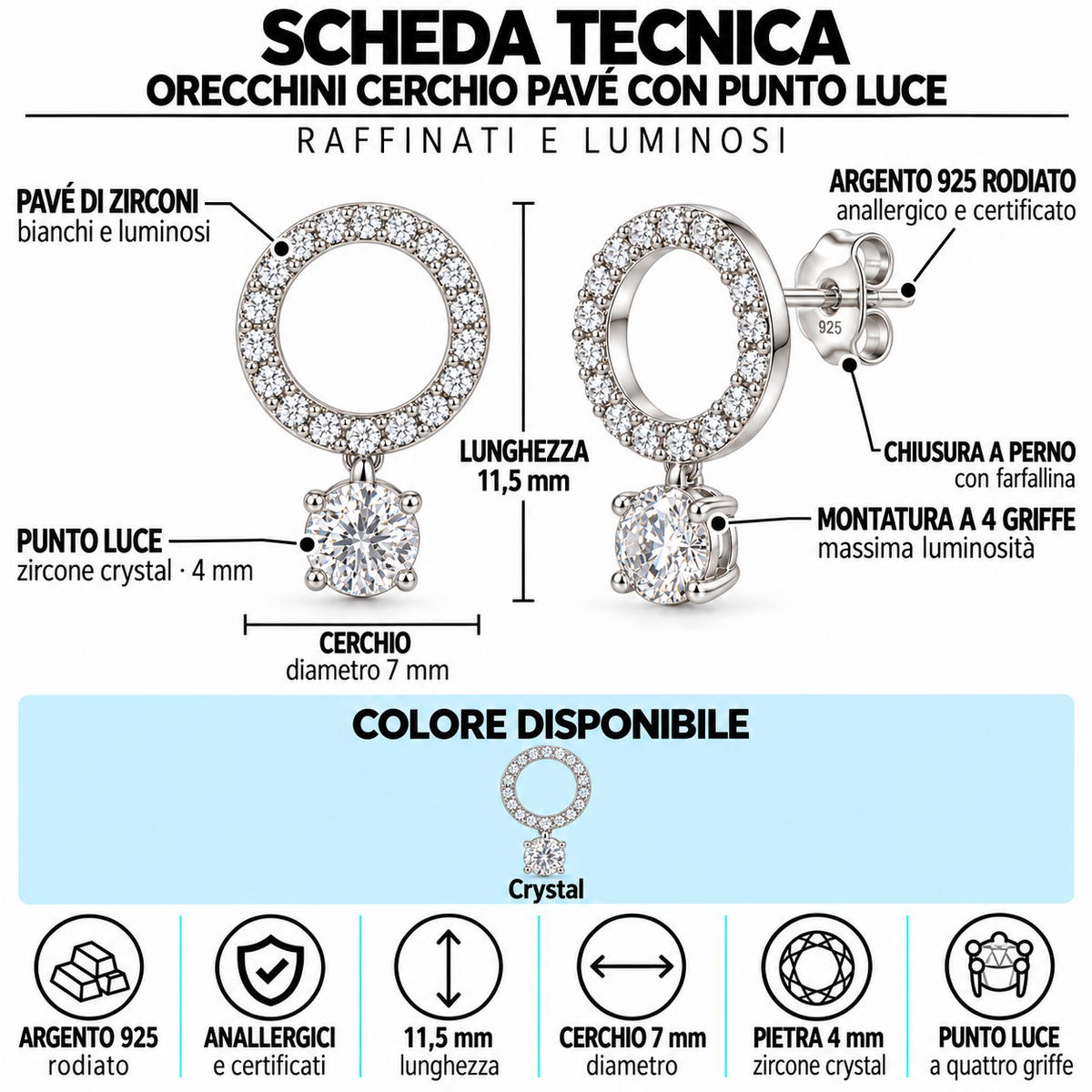 Orecchini Cerchio Pavé in Argento 925 Rodiato con Punto Luce