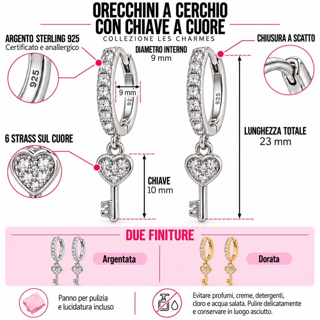 Orecchini a Cerchio strass con Chiave in Argento 925