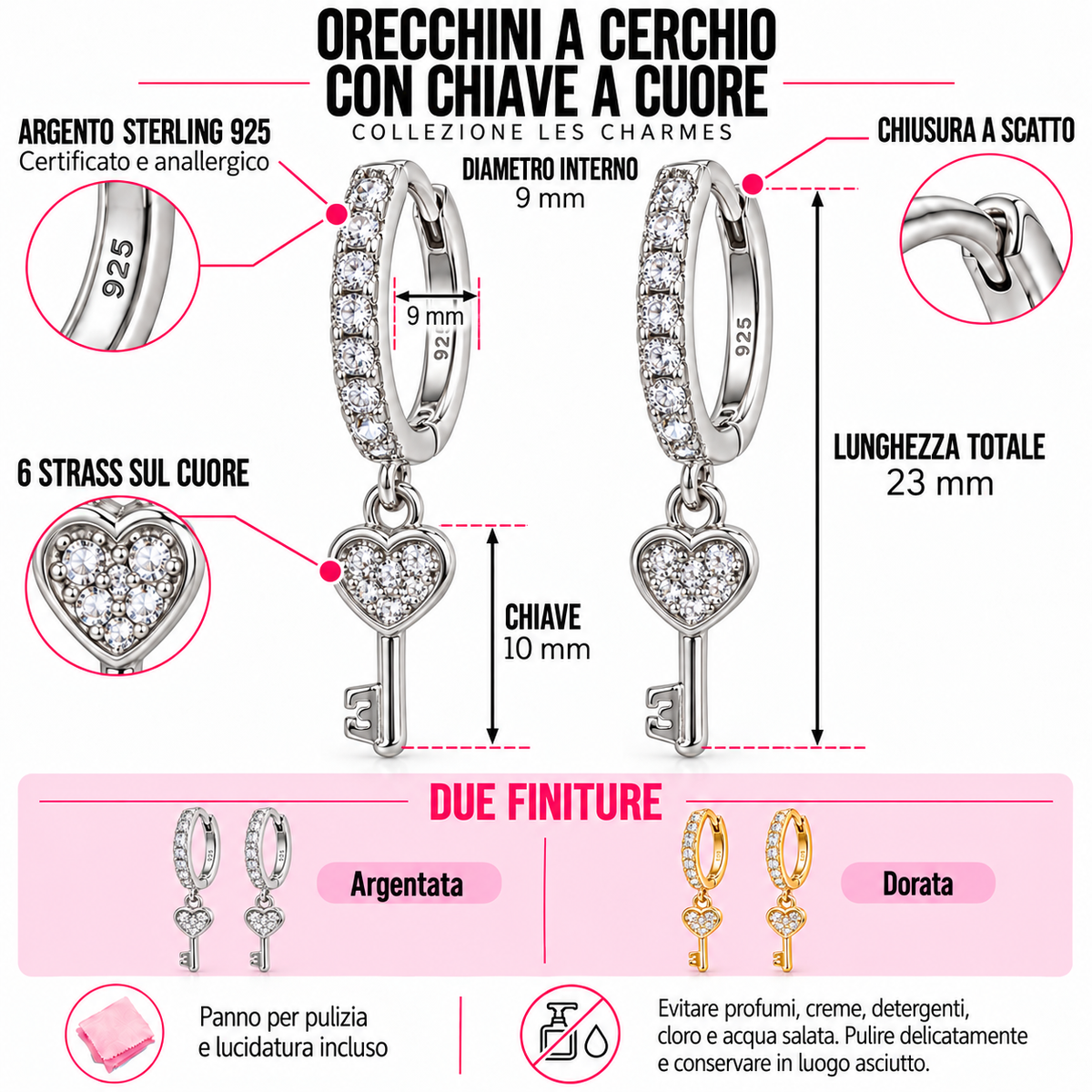 Orecchini a Cerchio strass con Chiave in Argento 925