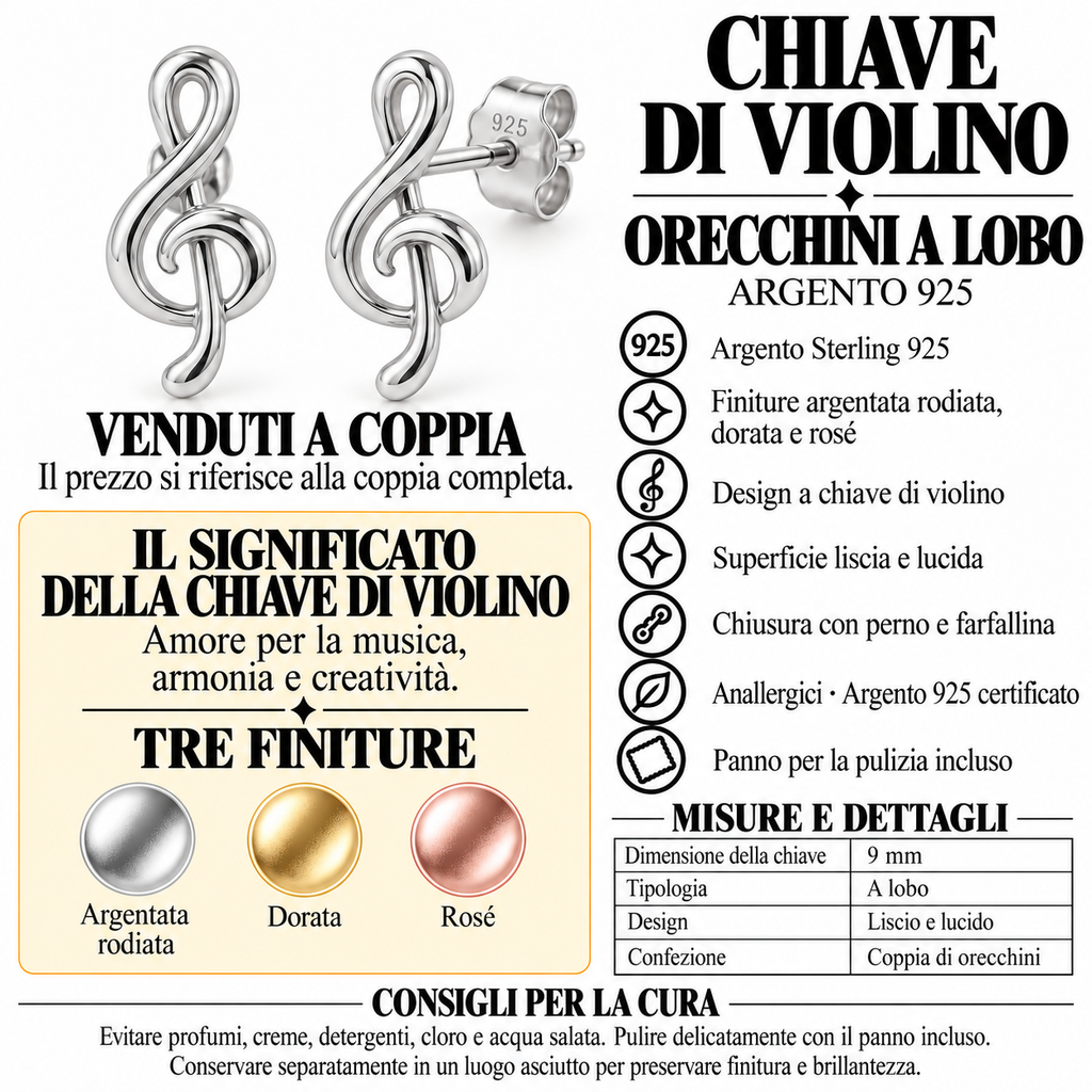 Orecchini a Lobo Chiave di Violino in Argento 925 Rodiato