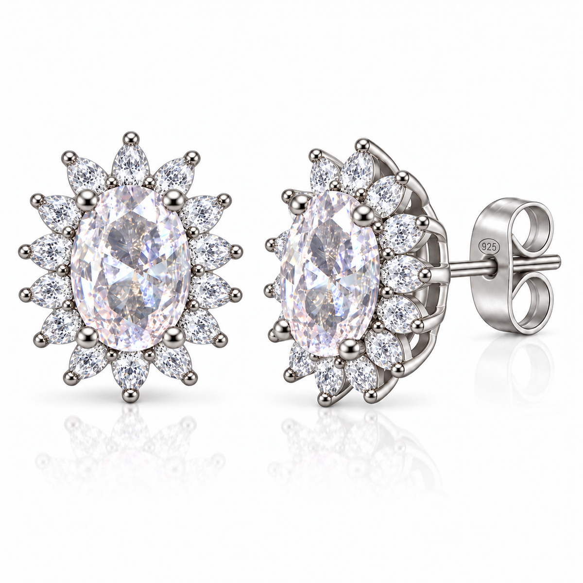 Orecchini a Lobo in Argento 925 con Pietra Ovale e Zirconi – 10 × 12 mm