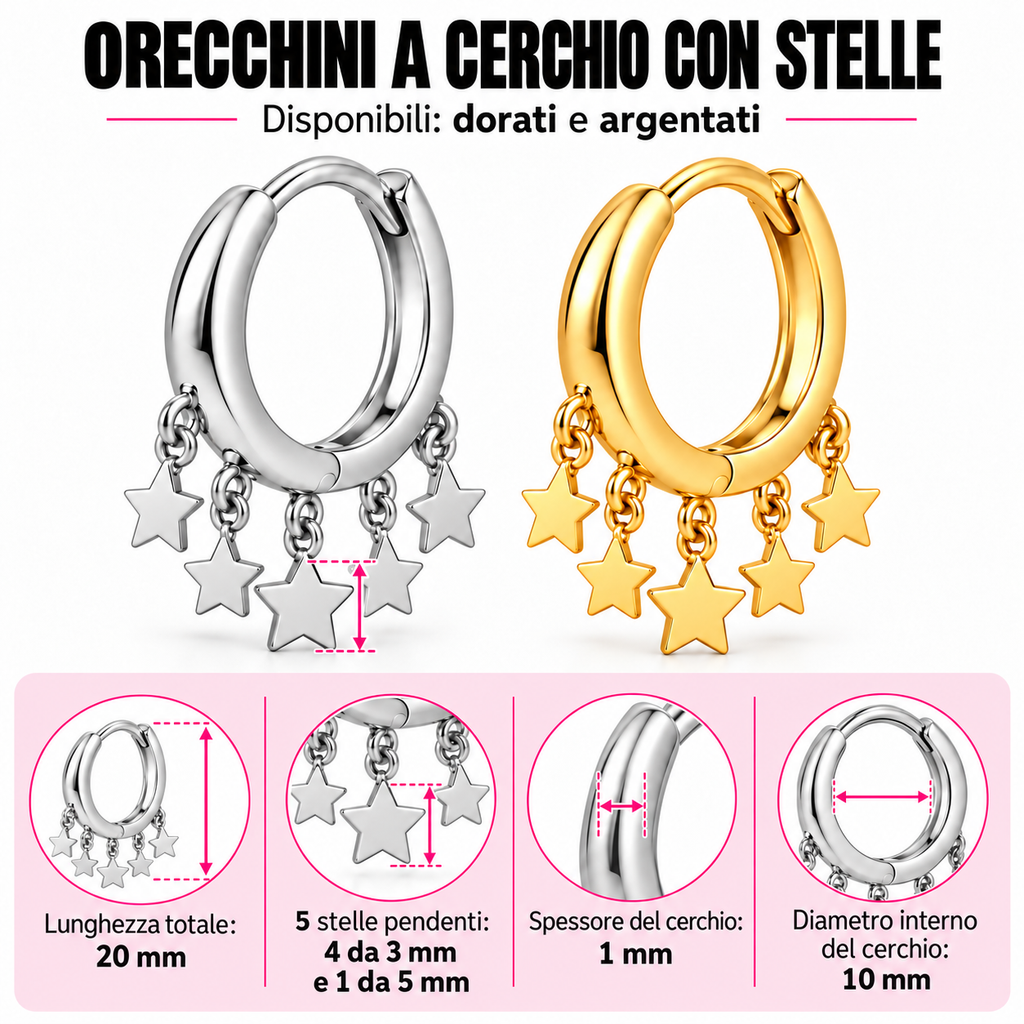 Orecchini a Cerchio con Stelle in Argento 925