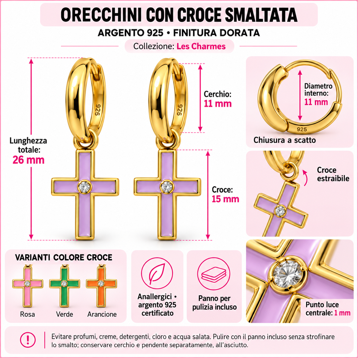 Orecchini a Cerchio con Croce smaltata estraibile in Argento 925