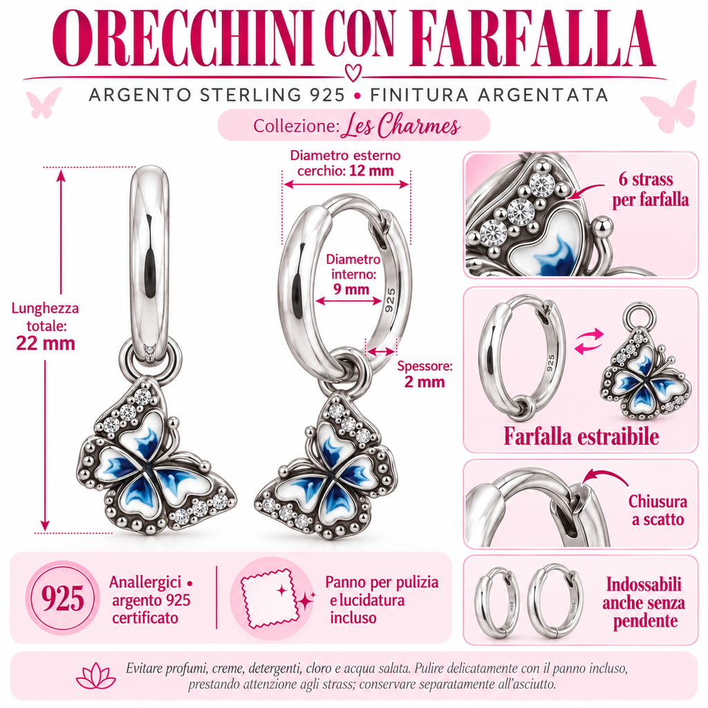 Orecchini a Cerchio con Farfalla estraibile in Argento 925