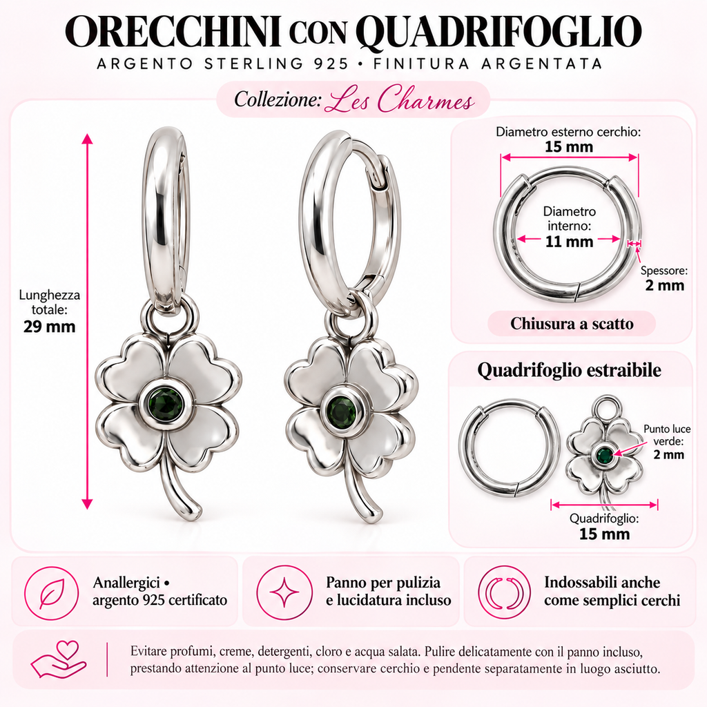Orecchini a Cerchio con Quadrifoglio estraibile in Argento 925