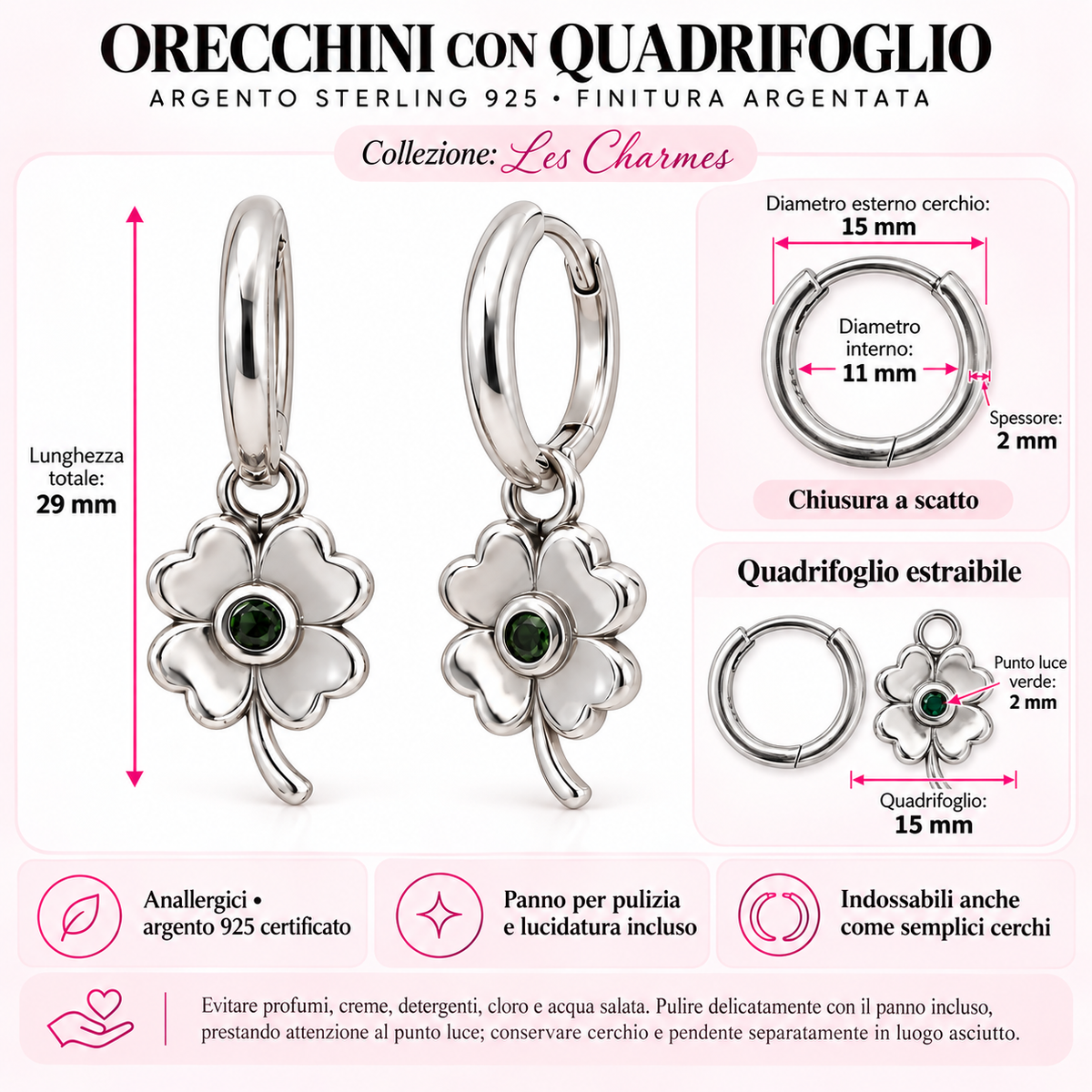 Orecchini a Cerchio con Quadrifoglio estraibile in Argento 925