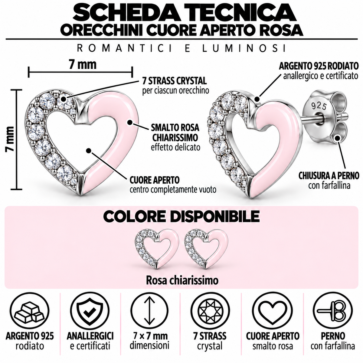 Orecchini a Lobo Cuore Aperto in Argento 925 Rodiato con Smalto Rosa Chiaro