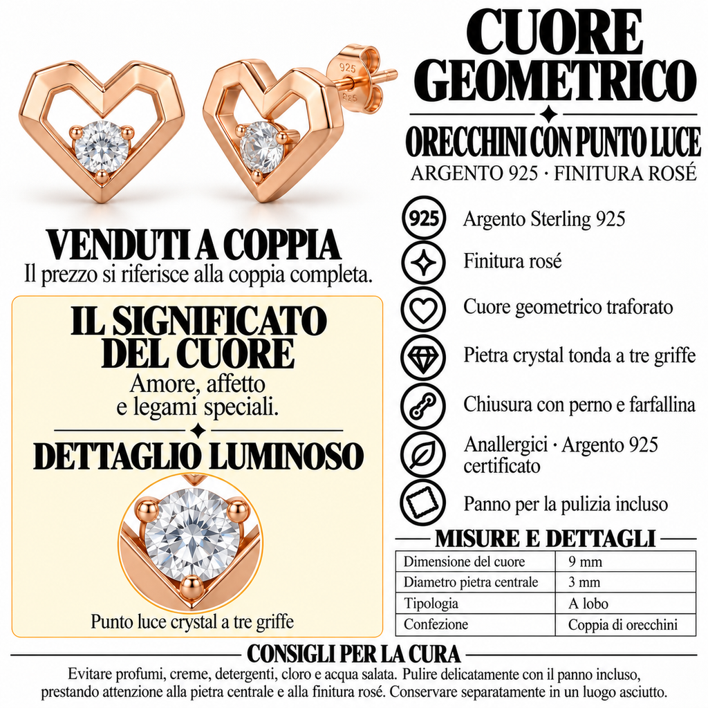 Orecchini a Lobo Cuore Geometrico Argento 925 Rodiato