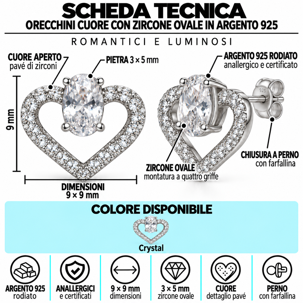 Orecchini a Lobo Cuore Pavé in Argento 925 Rodiato