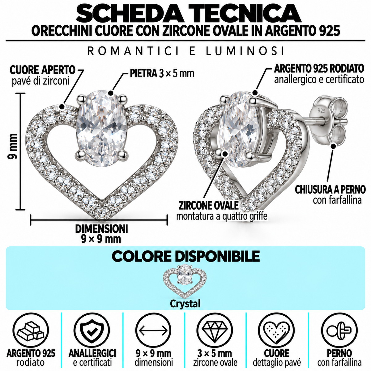 Orecchini a Lobo Cuore Pavé in Argento 925 Rodiato