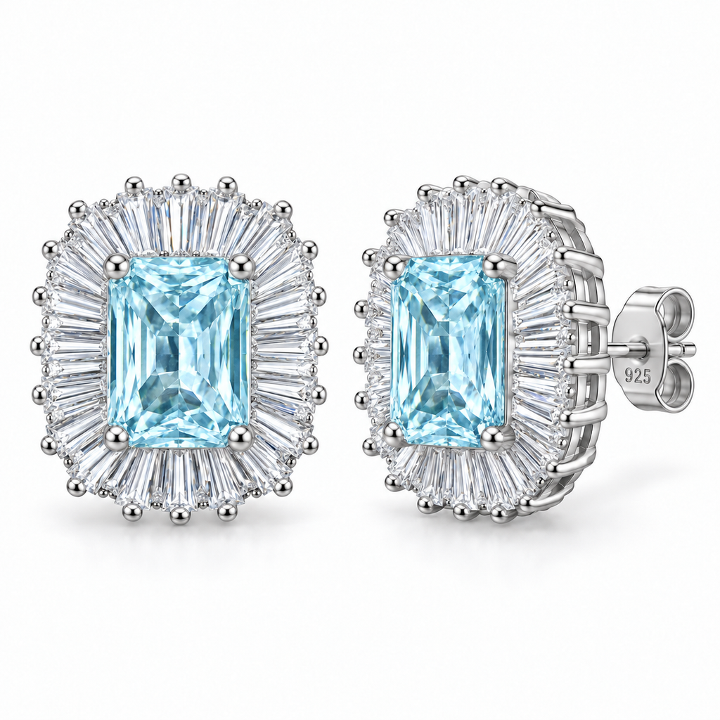 Brincos Royale Retângulo em Prata 925 Rodada com Coroa de Zircónios Baguete 13 × 15 mm