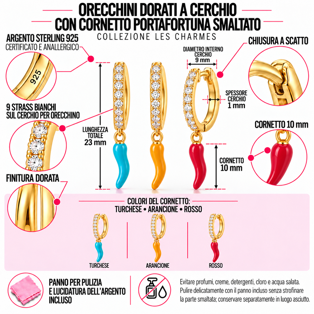 Orecchini a Cerchio con Cornetto Smaltato in Argento 925