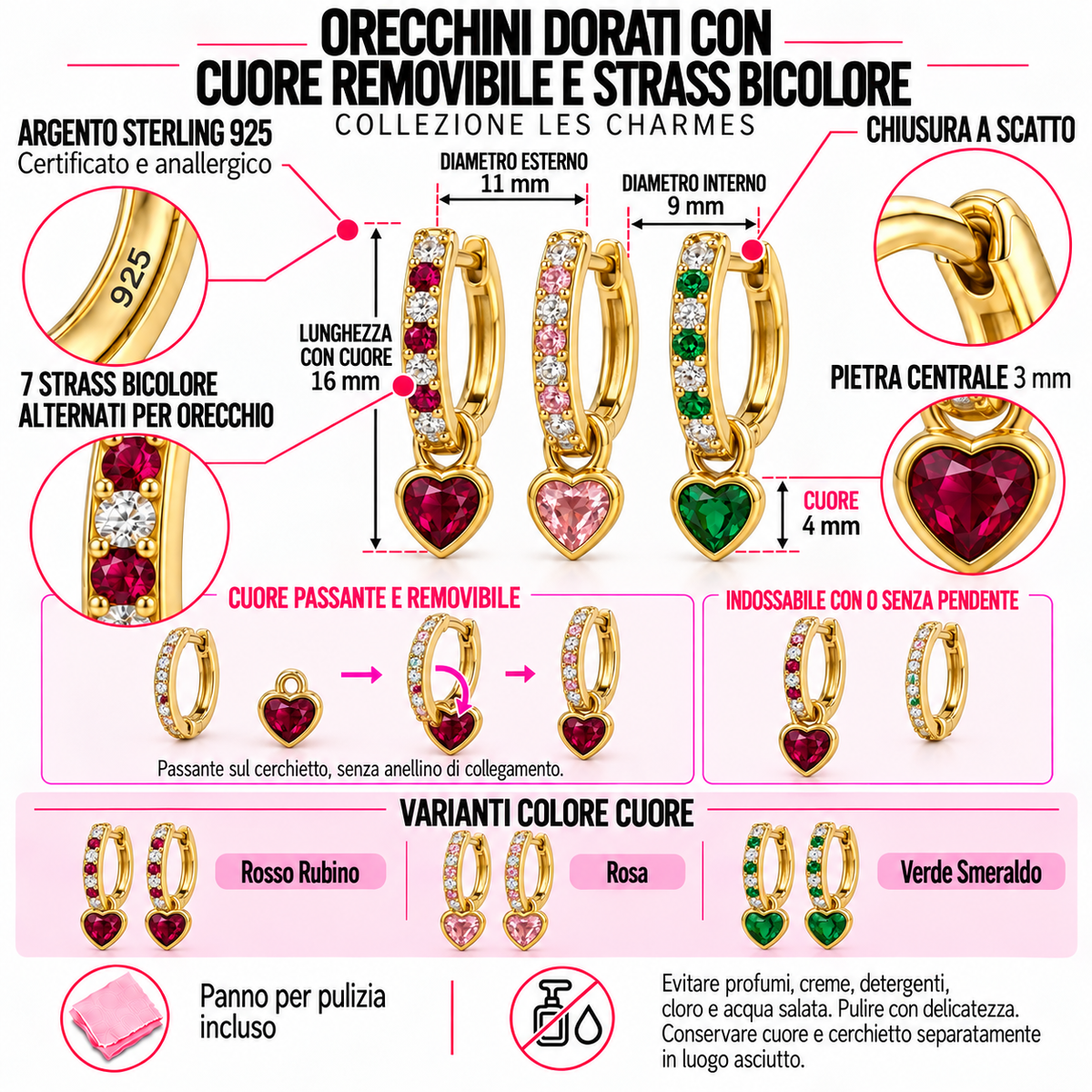 Orecchini a Cerchio con Cuore stass estraibile in Argento 925