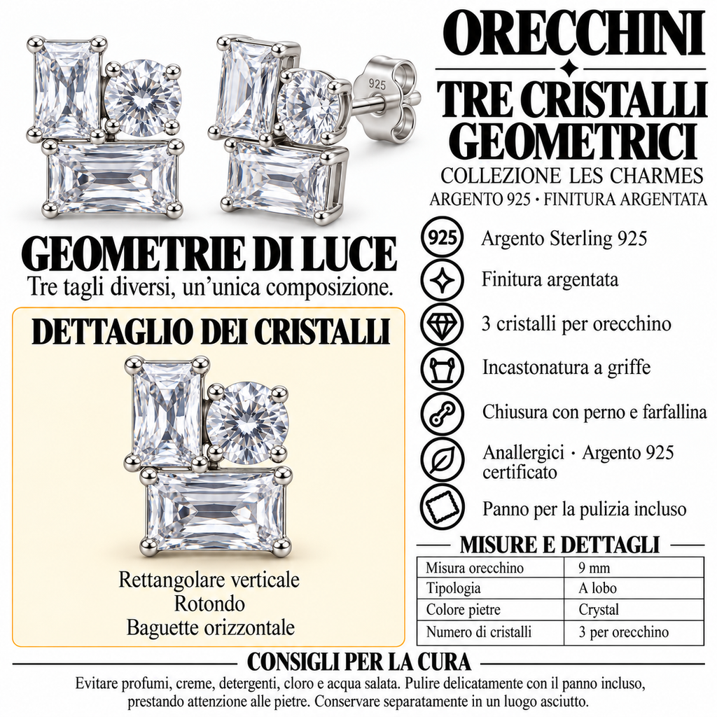 Orecchini Punto luce Tris di pietre in Argento 925 Rodiato