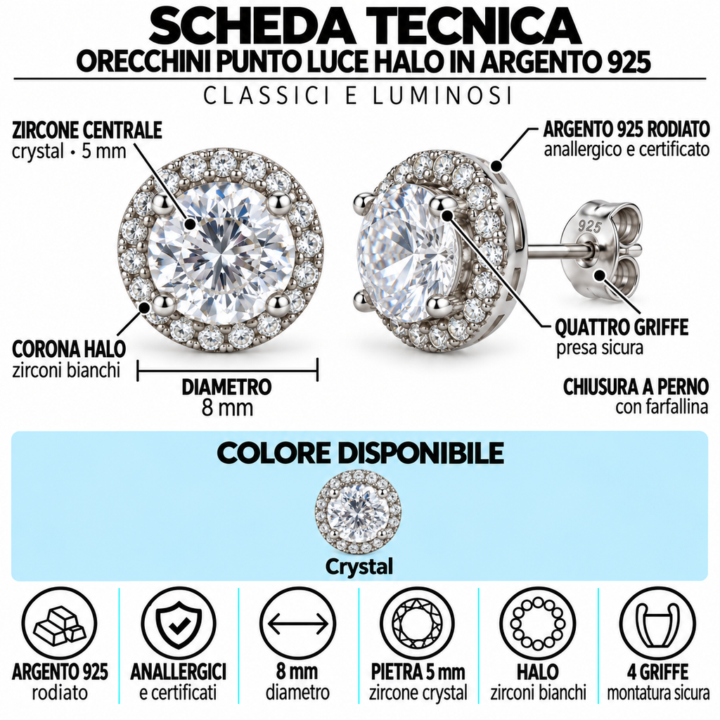 Orecchini Punto Luce in Argento 925 Rodiato con Zircone Centrale